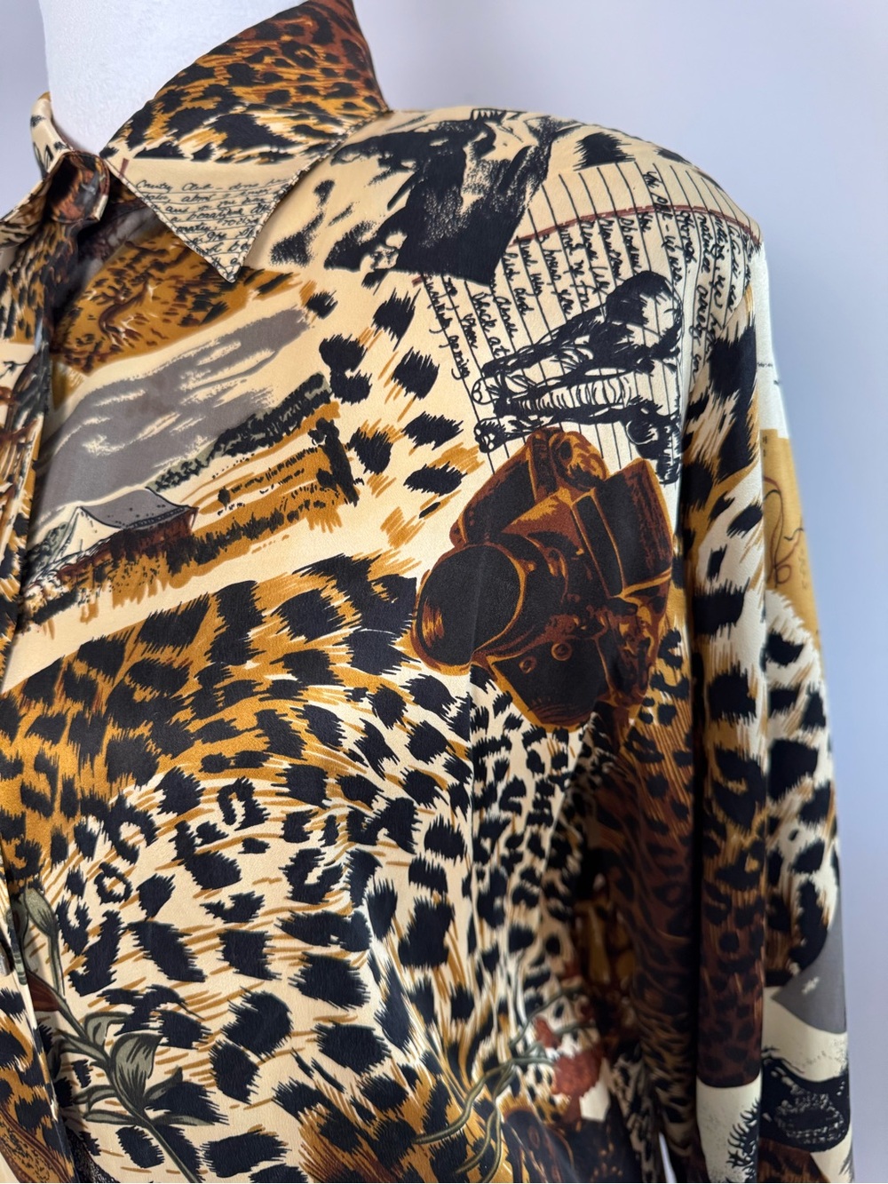 Paolo Santini Safari World Traveler 100% Silk Leopard Button Down Blouse Vintage - Picture 4 of 9